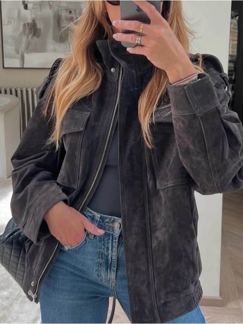 Zara Charcoal Suede Utility Jacket